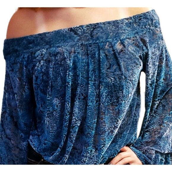 Free People Velvet Burnout Bell Sleeve Blouse Teal Sky Blue M Boho Festival - Picture 9 of 10